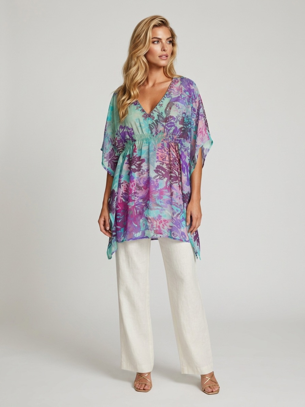 𝅺Tropical chiffon sheer teal blue purple floral beach cover-up blouse sequin SzM - Picture 10 of 10